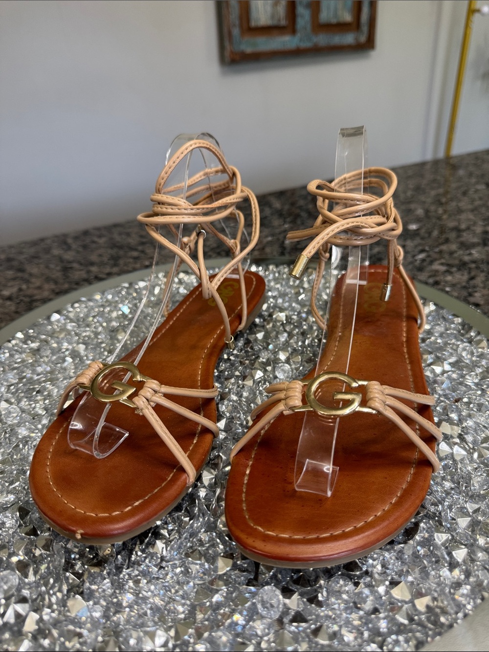 GBG Los Angeles Beige Lace-Up ankle strap Sandals with Gold G Emblem